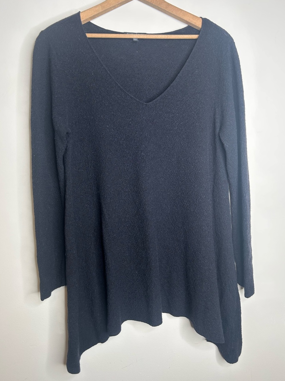 Eileen Fisher 100% Wool Black Tunic Long Sleeve Top Size M Small Hole